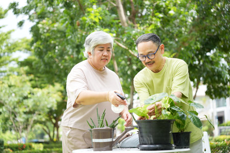 Senior Couple Enjoys Gardening and Spraying Water on Potted Plants Outdoors, Happy Retired Man and Woman Relaxing with Hobby Gardening in Front Yardの写真素材