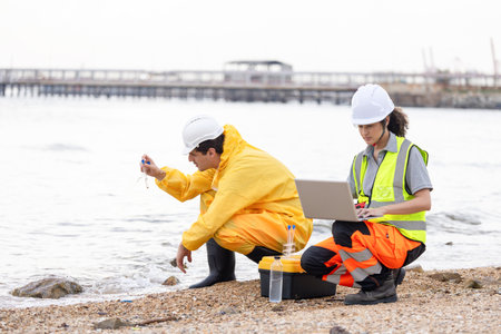 Environmental Scientists Testing Water Quality near Industrial Area, Water Pollution Inspection and Analysis by Environmental Engineers, Team of Scientists Collecting Water Samples for Studyの写真素材