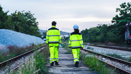 Railway Engineers Inspecting Tracks and Infrastructure at Dusk, Construction or Industry Workers on...