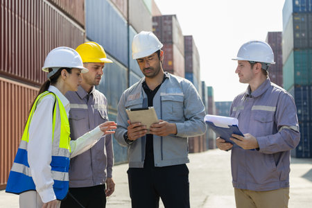 Engineers and dock workers reviewing logistics plan at cargo container yard, Team of industrial...