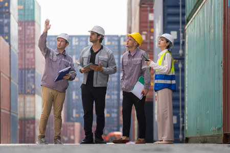 Engineers and dock workers inspecting cargo containers at shipping yard, Industrial team...