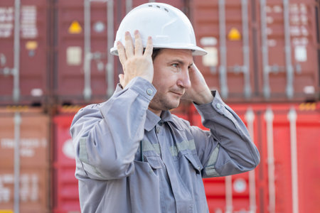 Industrial worker adjusting safety helmet at cargo container yard, Logistics engineer preparing for...