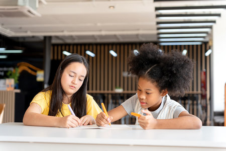 Focused Multicultural Students Writing and Drawing Together in Modern Classroom, Young Girls Doing Homework or Exam at School Desk, Two Best Friends Collaborating on a Creative Project or Study Notesの写真素材