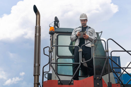 Engineer Using Digital Tablet to Check Inventory and Cargo Shipments on Reach Stacker, Logistics...