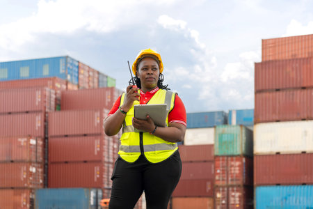 Woman in Hard Hat Using Digital Devices in Industrial Yard, African American Port Supervisor Overseeing Cargo Operations and Inventory Check, Manager Communicating on Walkie-Talkieの写真素材