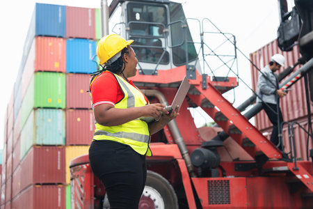African American Female Engineer Using Laptop to Manage Cargo Inventory at Shipping Terminal, Woman...