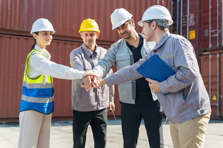 Group of Warehouse Workers Celebrating Teamwork and Achievement at Cargo Port, Industrial Engineers...