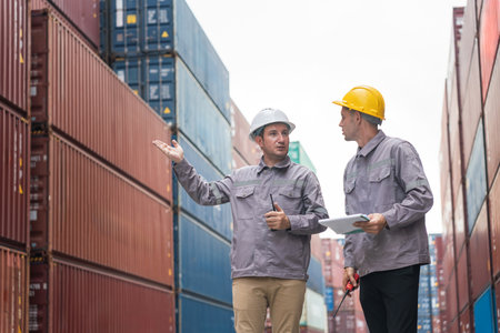 Engineers man team managing cargo operations, Foreman dock workers checking containers box at...