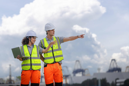 Diverse Logistics Engineers Planning and Discussing Operation Strategy in the Shipping Yard, Industrial Supervisor Pointing Out Location for Cargo Storage or Container Placement Outdoors Siteの写真素材