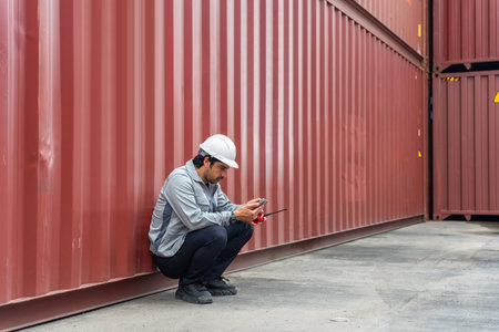 Industrial Logistics Engineer Checking Cargo Container Information, Worker in Safety Helmet Using...
