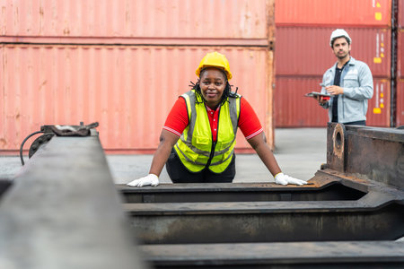 African American Female Foreman in Safety Vest and Hard Hat Working at Container Terminal, Engineer...