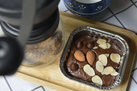Coffee time, Fresh homemade fudge chocolate brownies with Chocolate and Almond.