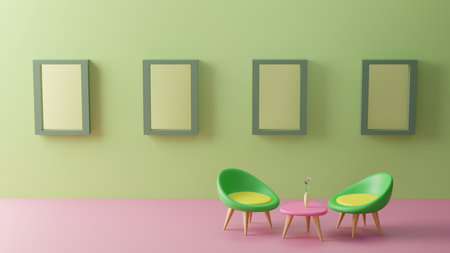 3d green chairs and pink small table with the fower, on pink floor. On the wall are four green...