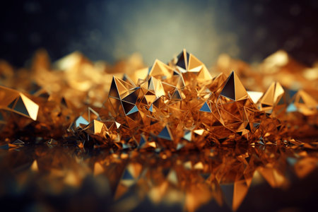 Gold abstract background with polygon, triangle,shape in dark background. 3D illustration, AI generated.の素材