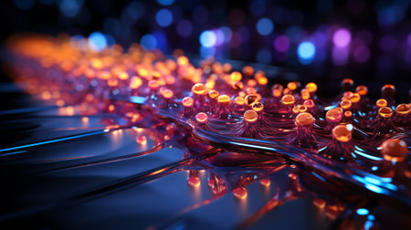 Abstract futuristic, neon light , circle shape, wave texture, technology background, orange and blue light. 3D illustration, AI generated.の素材