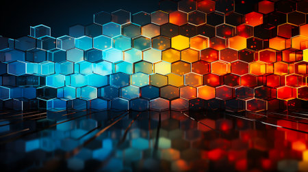 Abstract geometric, hexagonal, technology background, hi tech, futuristic, orange light. 3D illustration, AI generated.の素材