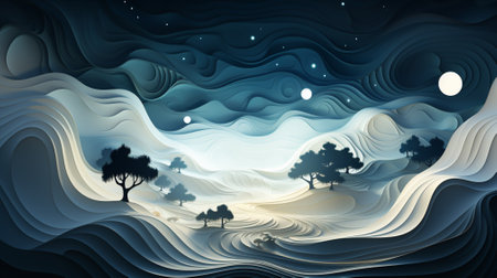 3D abstract background with trees on wave pattern ,white and blue color backgroundk. 3D illustration, ai generated.の素材