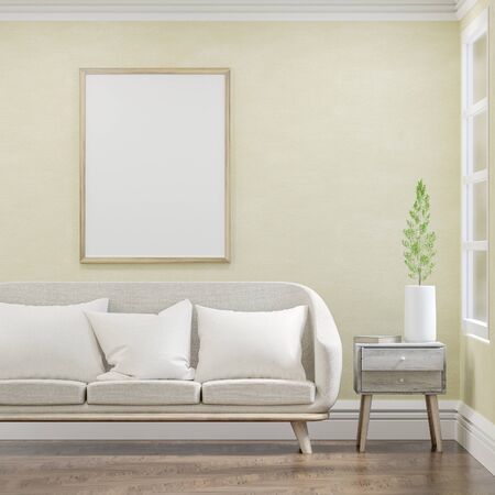 interior poster mock up with vertical empty wooden frame, Living room with  sofa have pillows, 3D Renderingの写真素材