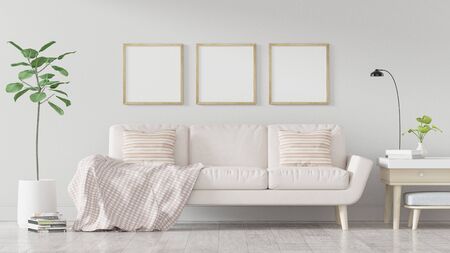Square poster mockup with Three  frames on empty white wall in living room interior, Living room, 3D Renderingの写真素材