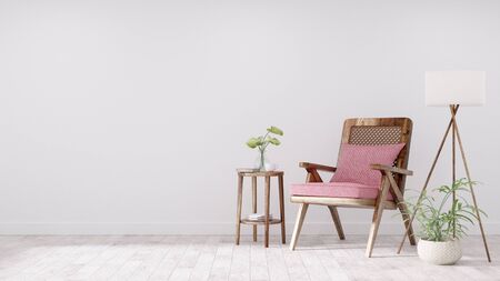 Modern vintage interior of living room, Armchair with pink cushion - 3D Renderingの写真素材