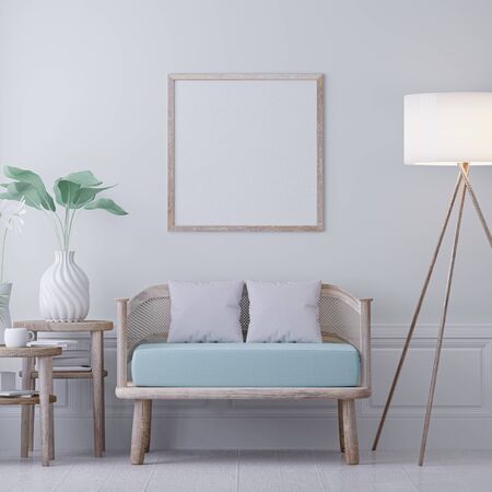 Pastel Living Room, Modern vintage interior of living room, Blank poster on white wall - 3D Renderingの写真素材