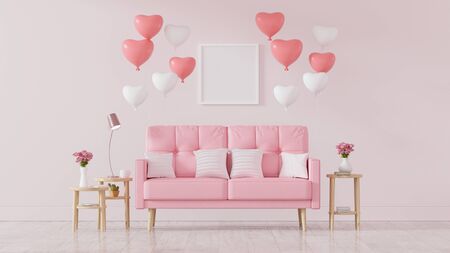 Pink sofa decorated with heart balloons, valentines day, Vintage Style, 3d render - Illustrationの写真素材