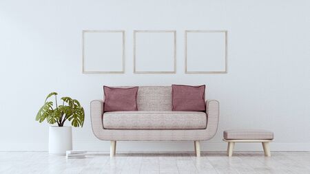 Square poster mockup with Three  frames on empty white wall in living room interior, Living room, 3D Renderingの写真素材