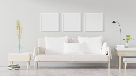 Square poster mockup with Three  frames on empty white wall in living room interior, Living room, 3D Renderingの写真素材