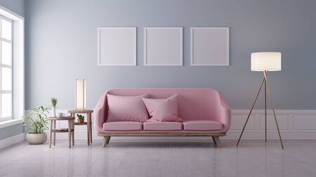 Modern vintage interior of living room, Blank poster on white wall, sofa with pink cushion - 3D Renderingの写真素材