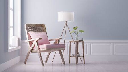 Modern vintage interior of living room, Armchair with pink cushion - 3D Renderingの写真素材