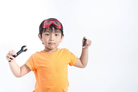 asian boy play engineerの写真素材