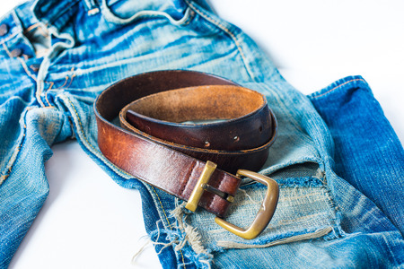 jeans blue old cloth background belt denim clothing pants leather casual textile tear brown modernの写真素材