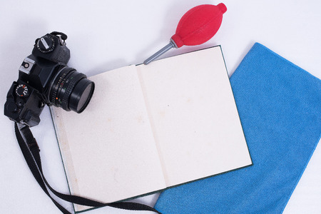white set camera blower microfiber clean equipment care digital dirty professional notebook write recordの写真素材