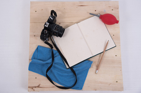 set camera blower microfiber clean equipment care digital professional dirty notebook write record note pencilの写真素材