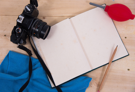 set camera cloth blower microfiber clean equipment care digital professional dirty notebook write record pencilの写真素材