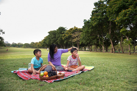 Happy family, mother and two sons at picnicの写真素材