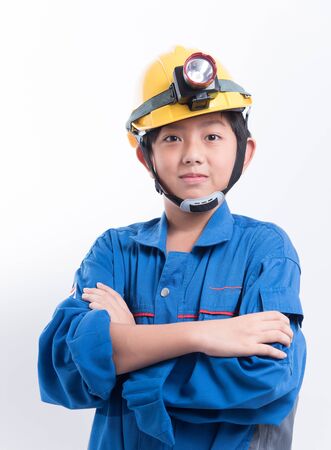 asian boy helmet exploration light kid technicianの写真素材