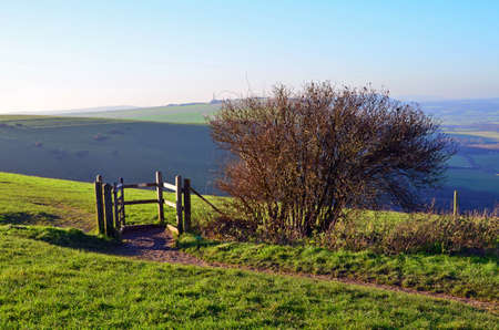 Wood countryside gate on the Sussex Southdown\'s in England.の写真素材