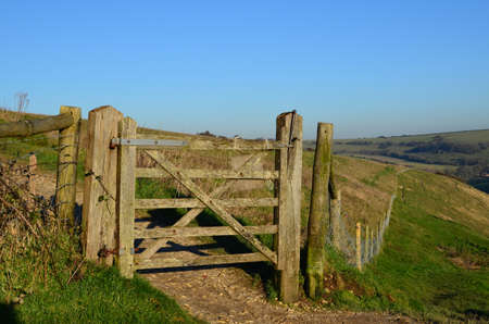 Wooden gate on Devil\'s Dyke on the Sussex Southdown\'s in England.の写真素材