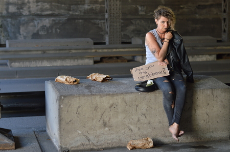 Alcohol addicted, homeless woman.の写真素材