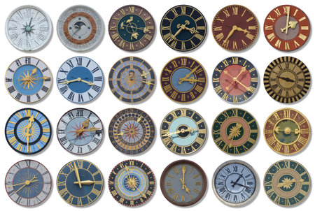 Collection of multicolored ancient church tower clocks in different sizes and forms with roman numbers in regular rows on white backgroundの写真素材