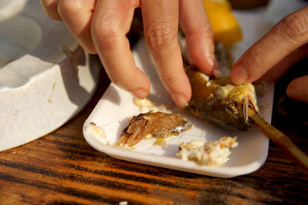 Eating Grill fish on stick