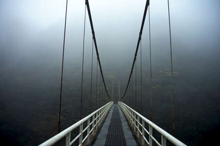 Suspension crossway in foggy morningの写真素材
