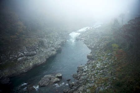 Creek run through the mountain in foggy morning