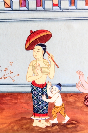 Thai art  old style on the wall in the templeの写真素材