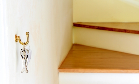 Eiffel Tower keys and wood stairs backgroundの写真素材