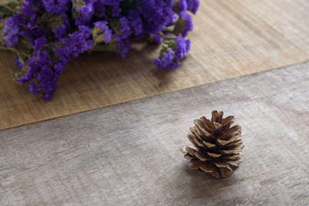 Pine cones and flower  on wooden backgroundの写真素材