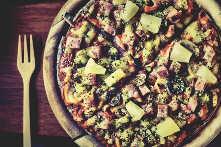 Hawaiian pizza thin crispy thin crust, Italian Restaurant.の写真素材