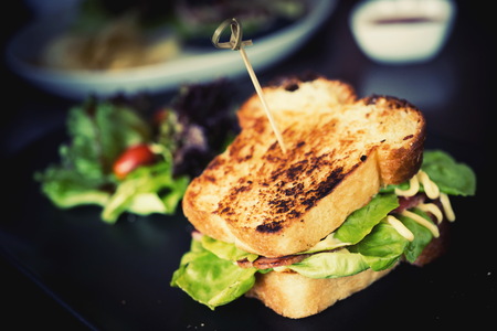 Young thick dough ham sandwich. Serve the salad with set point.の写真素材