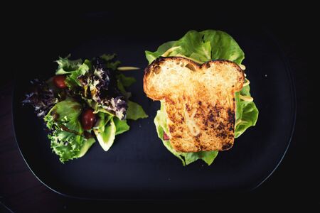 Young thick dough ham sandwich. Serve the salad with set point.
